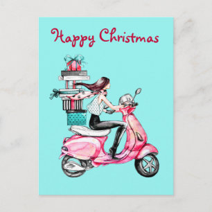 Kerstvrouw uit vroeger tijden op een roze scooter briefkaart