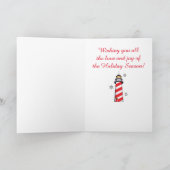 Kerstvuurtoren met staven en sneeuwvlokken feestdagen kaart (Binnen)