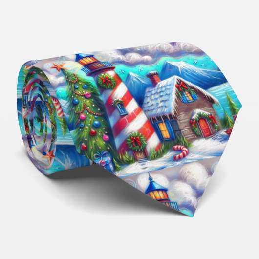 Kerstvuurtoren Nautische Kustberg Stropdas (Opgerold)