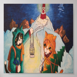 Kerstvuurtoren op nachtkat poster