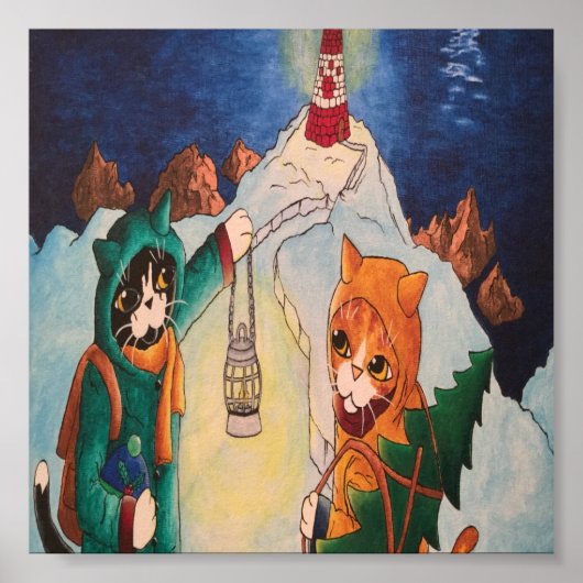 Kerstvuurtoren op nachtkat poster (Voorkant)