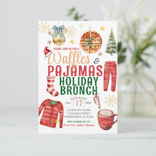 Kerstwafel en pyjama vakantie brunch kaart (Staand voorkant)