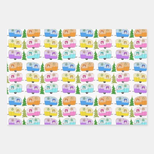 Kerstwagens met kerstbomen met tramaanhangwagens inpakpapier vel (Voorkant 3)