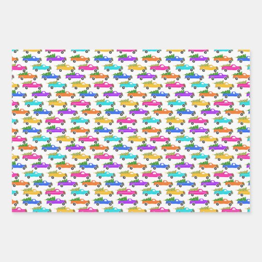 Kerstwagens met kerstbomen met tramaanhangwagens inpakpapier vel (Voorkant)