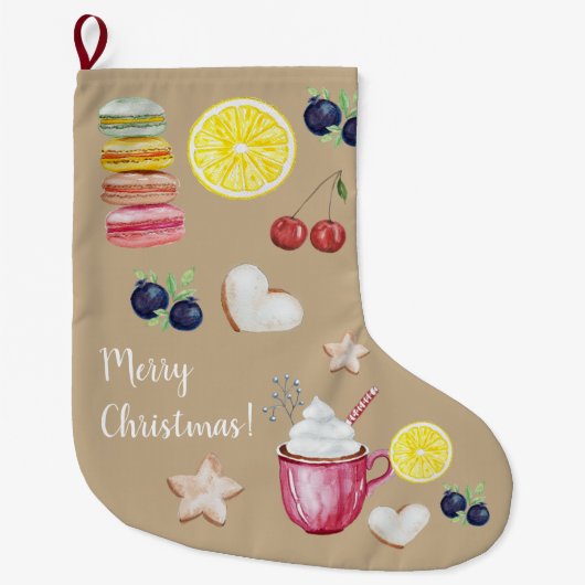 Kerstwarme cacao en goede wensen grote kerstsok (Voorkant)