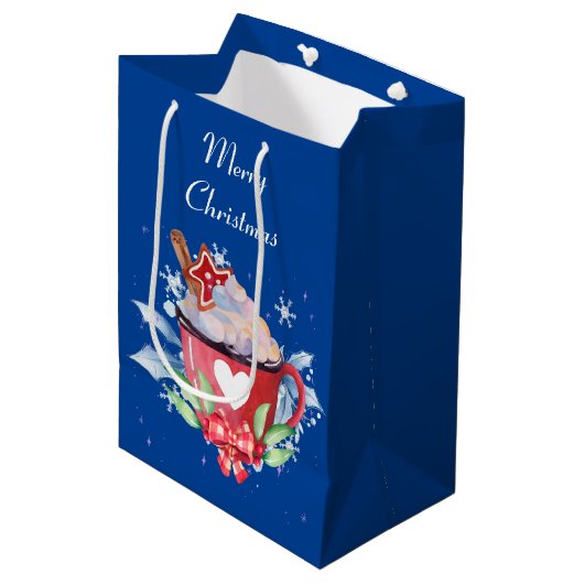 Kerstwarme chocolade op blauw medium cadeauzakje (Voorkant Gekanteld)