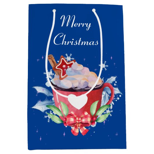 Kerstwarme chocolade op blauw medium cadeauzakje (Voorkant)