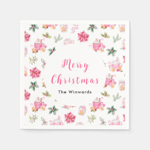 Kerstwarmte chocolademelk en roze poinsettia's servet