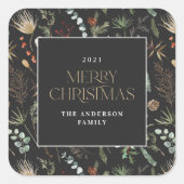 kerstwaterverf botanische floranje donkerroos vierkante sticker (Voorkant)