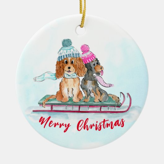 KerstWaterverf Cavalier King Charles Sled Keramisch Ornament (Voorkant)