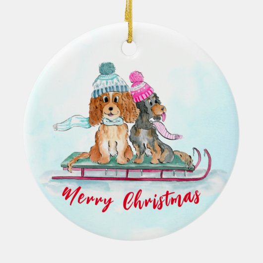 KerstWaterverf Cavalier King Charles Sled Keramisch Ornament (Achterkant)