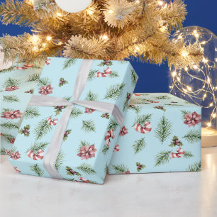 Kerstwaterverf Dennentakken, Candy Cane Blauw Cadeaupapier
