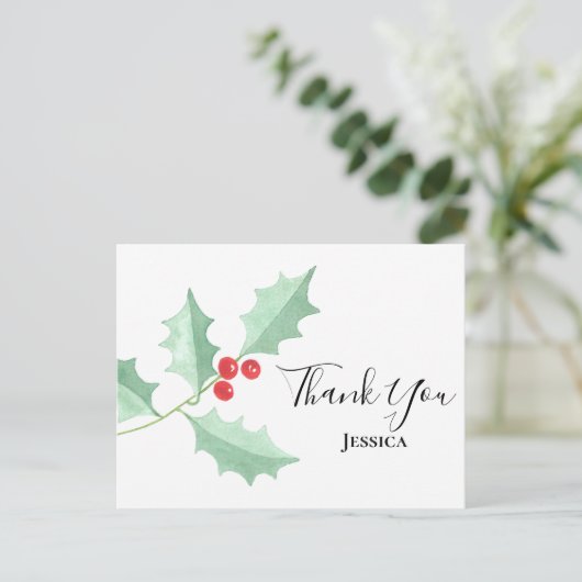 kerstWaterverf Holly Berries Dank u wel Briefkaart (Staand voorkant)