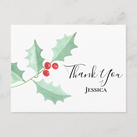 kerstWaterverf Holly Berries Dank u wel Briefkaart (Voorkant)