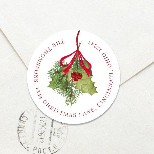 kerstWaterverf Holly Berries Return Address Ronde Sticker