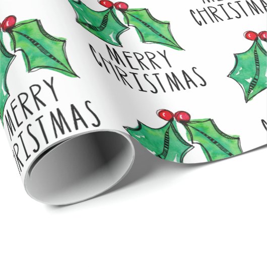 kerstWaterverf Holly Cadeaupapier (Rol Hoek)