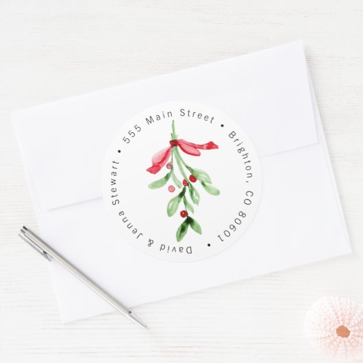 kerstWaterverf Mistletoe-adreslabel Ronde Sticker (Envelop)