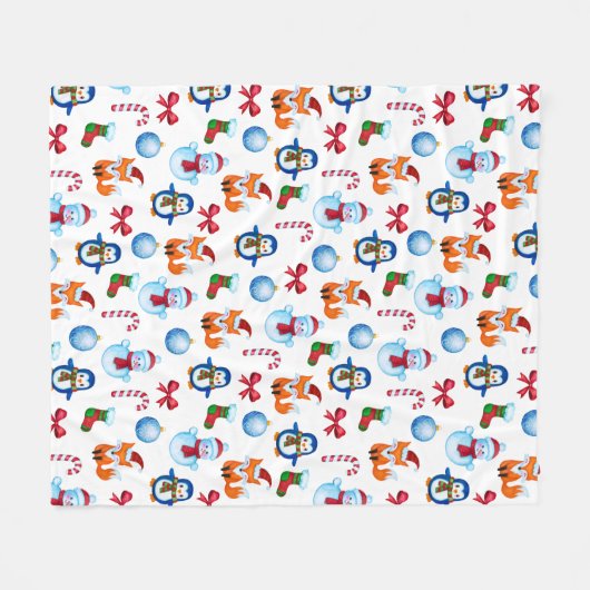 kerstWaterverf Penguin Snowman Fox Pattern Fleece Deken (Voorkant (Horizontaal))