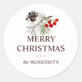 kerstWaterverf Pine Cone Berries Naam Ronde Sticker (Voorkant)
