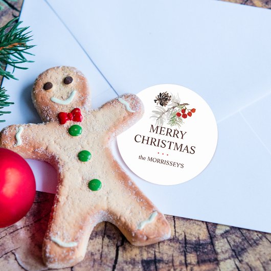 kerstWaterverf Pine Cone Berries Naam Ronde Sticker