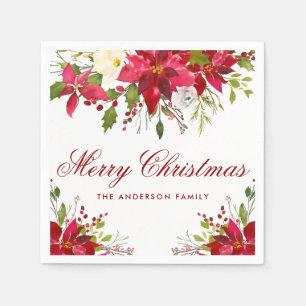 KerstWaterverf Poinsettia Floral Red Names Servet