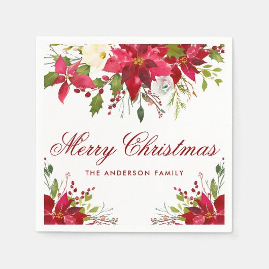 KerstWaterverf Poinsettia Floral Red Names Servet (Voorkant)