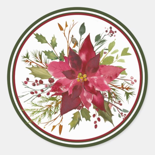 kerstWaterverf Poinsettia Ronde Sticker (Voorkant)