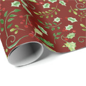 kerstWaterverf Red Green Holly Berry Leaves Cadeaupapier (Rol Hoek)