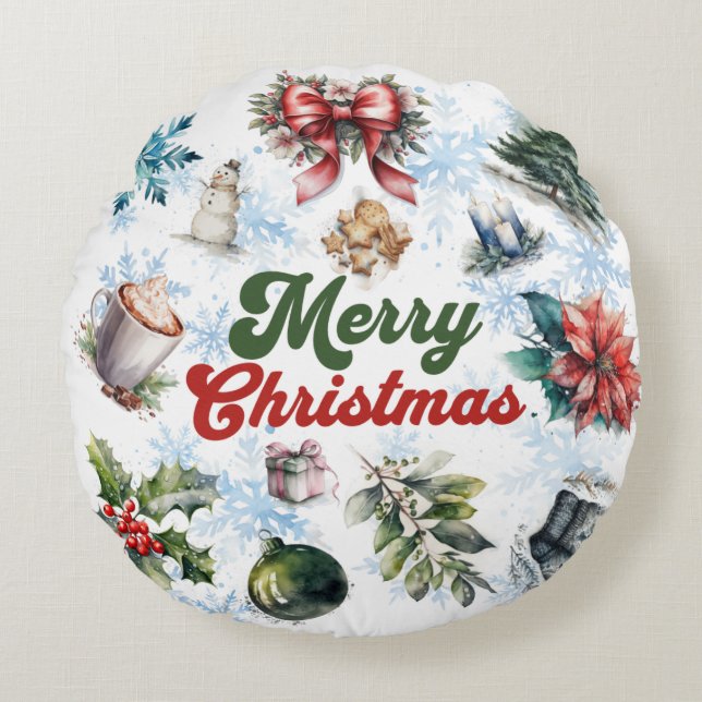 kerstWaterverf Rond Kussen (Voorkant)