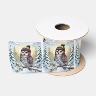 Kerstwaterverf Uil in een Winterhoed Satijnen Lint
