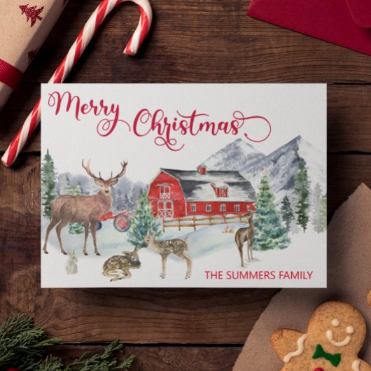 KerstWaterverf Winter Barn Woodland Deer Feestdagenkaart