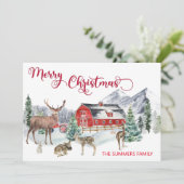 KerstWaterverf Winter Barn Woodland Deer Feestdagenkaart (Staand voorkant)