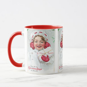 Kerstwaterverfwerk met oud meisje en cadeau mok