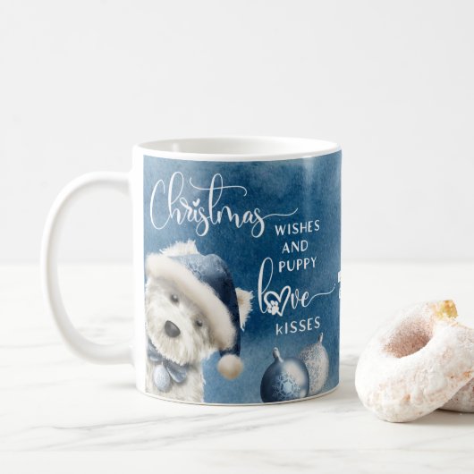 Kerstwens, Hondenliefhebber kerstcadeau, blauw Koffiemok (Met donut)