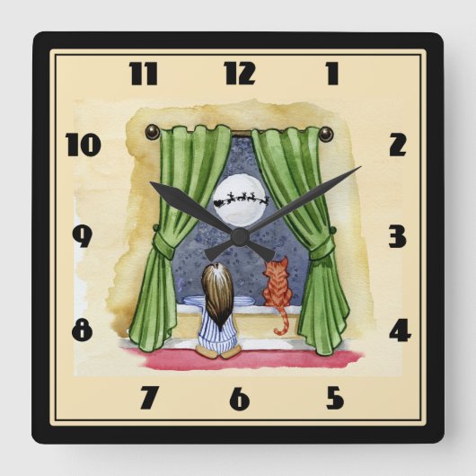 Kerstwens Kind- en Keukenkat-Kerstmis Vierkante Klok (Voorkant)