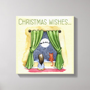 Kerstwens Kute Child & Kitty Cat Xmas Canvas Afdruk