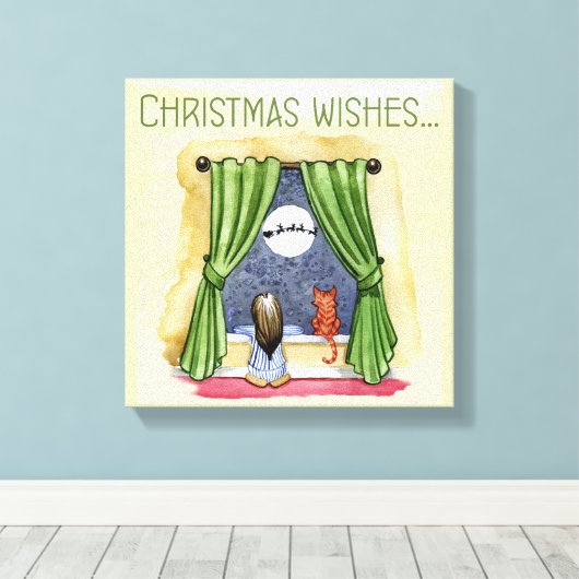 Kerstwens Kute Child & Kitty Cat Xmas Canvas Afdruk (Insitu (Houten vloer))
