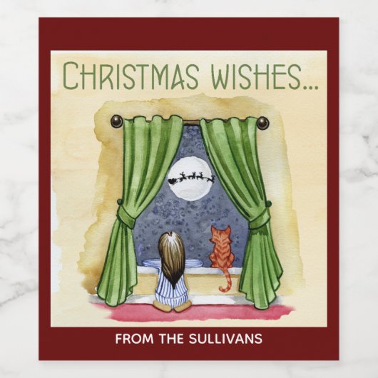 Kerstwens Kute Child & Kitty Cat Xmas Wijn Etiket (Enkel label)