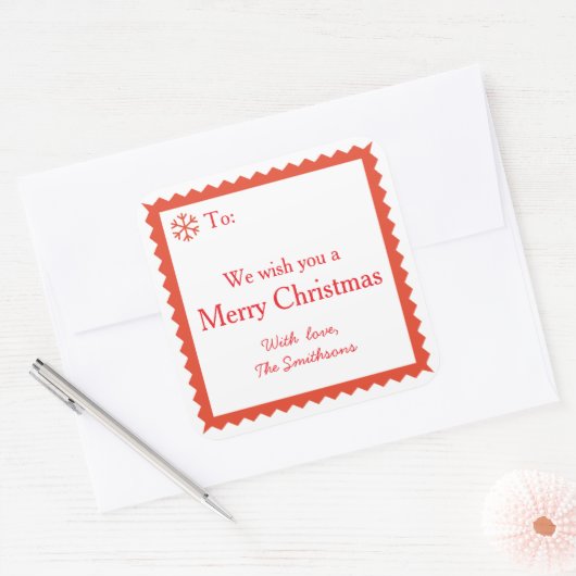 Kerstwensbericht in het rood en wit vierkante sticker (Envelop)