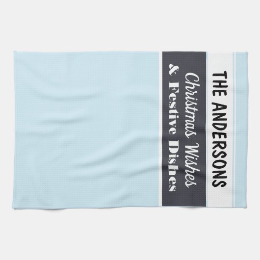 Kerstwensen Feestelijk Lichtblauw Gepersonaliseerd Theedoek (Horizontaal)