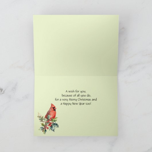 Kerstwensen Hulstbes Kardinaal voor Verzorger Feestdagen Kaart (Binnen)