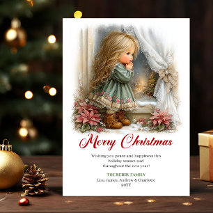 Kerstwensen Schattig Klein Meisje Winter Scène Ont Feestdagenkaart