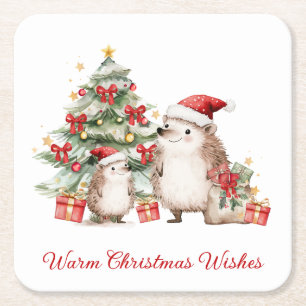 Kerstwensen van de egel in kerstmannenhoed  kartonnen onderzetters