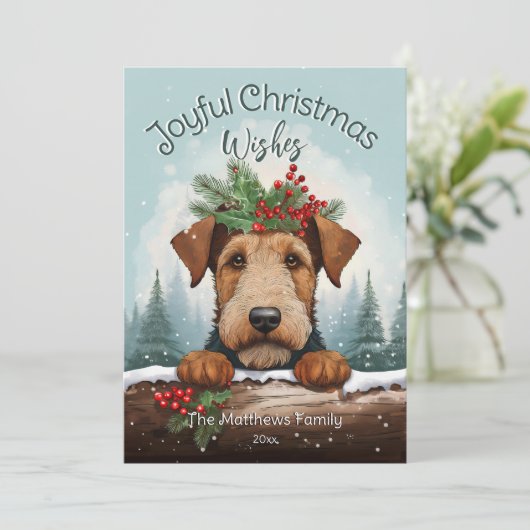 Kerstwensen Winter Forest Airedale Terrier Feestdagenkaart (Staand voorkant)