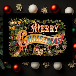 kerstWenskaart met Vintage Feestdagen Kaart<br><div class="desc">Ritterende kerstgroet met  tekst op een banner met heilige,  gekleurde bloemen en bladeren,  en een kardinaal op een zwarte achtergrond. De binnentekst is aanpasbaar.</div>