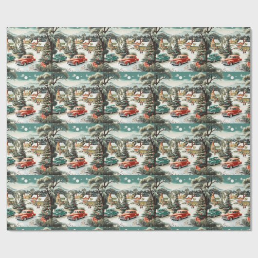 Kerstwijk Auto's Huizen MCM Cadeaupapier (Vlak)