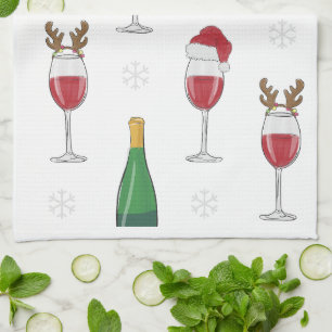 Kerstwijn Kerstman Rendier Sneeuwvlok Theedoek