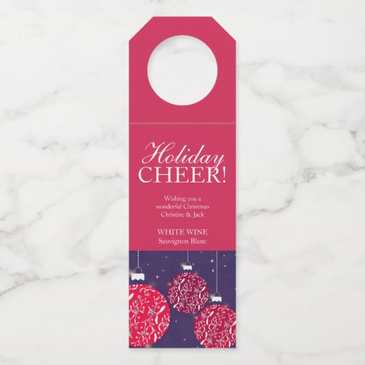 Kerstwijn labels baubles rood blauw gepersonalisee (Voorkant)