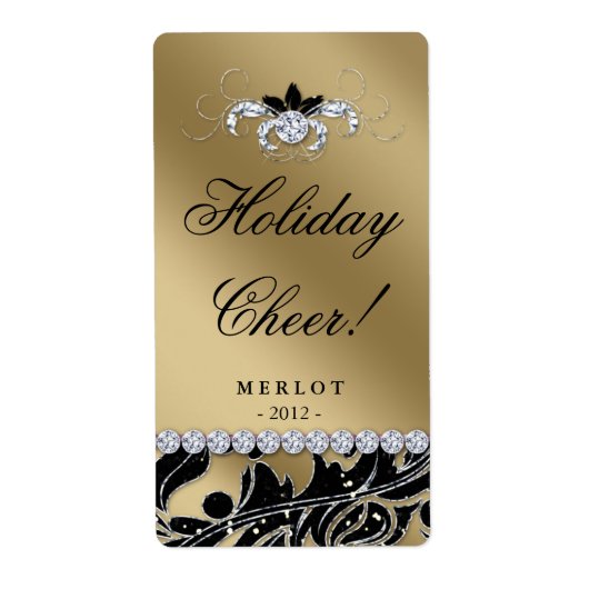 Kerstwijnlabel Glitter Leaves Gold Black Etiket (Voorkant)
