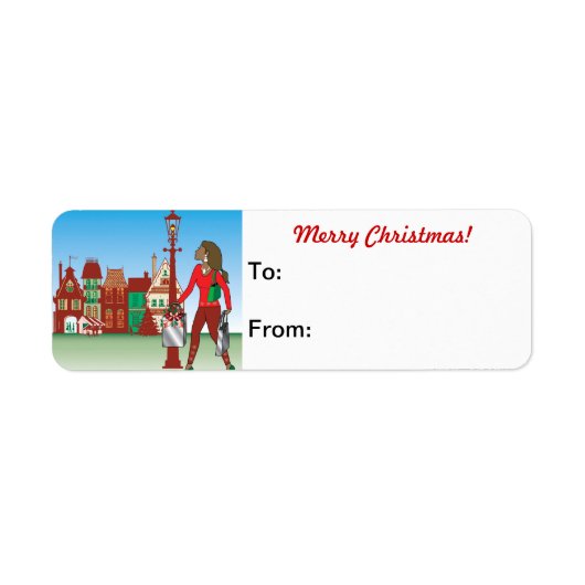 Kerstwinkelen met mode geklede tassen etiket (Voorkant)